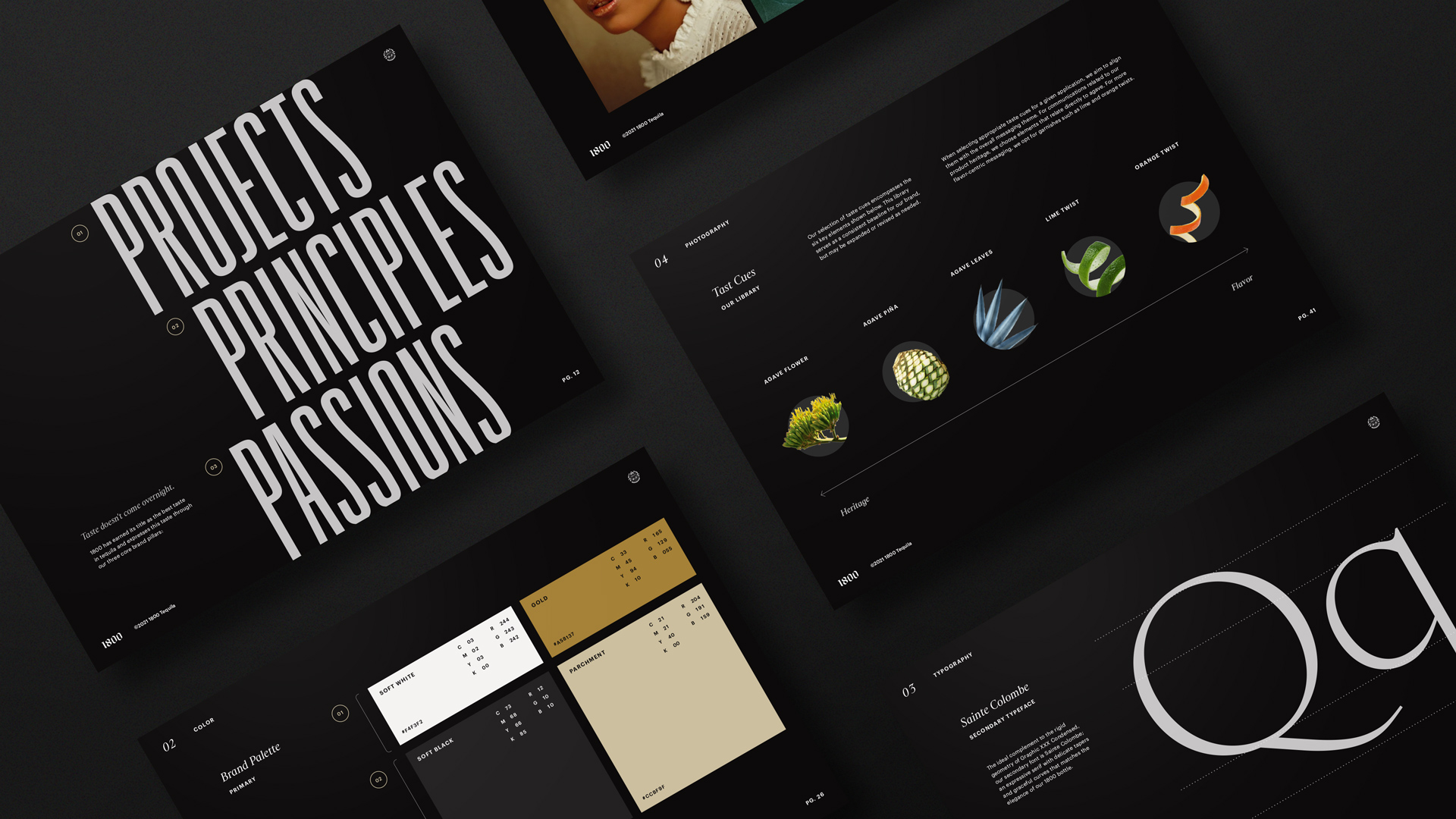 1800 Tequila brand guidelines with color palette and brand principles.