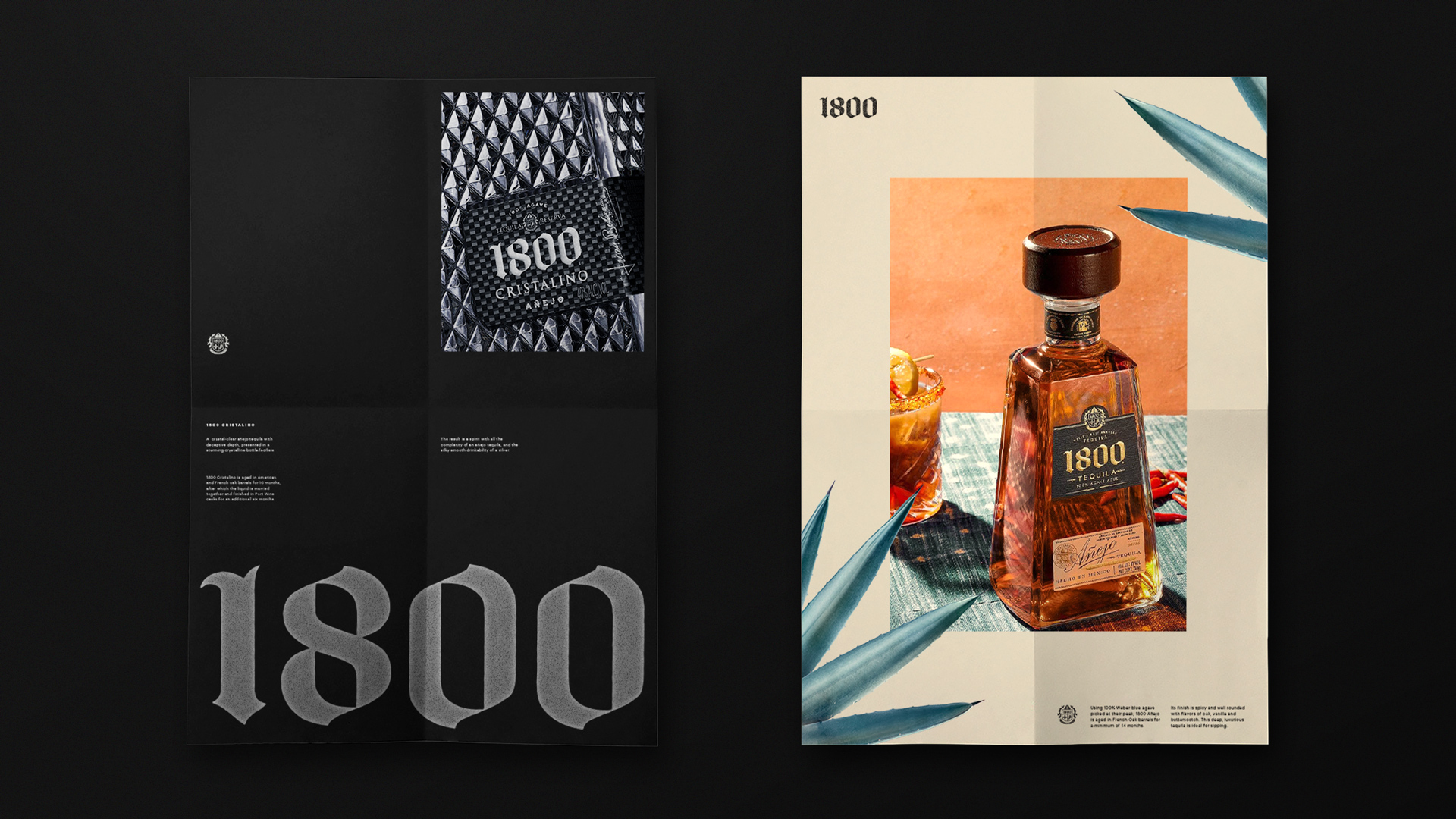 1800 Tequila posters with product photography and agave leaves.