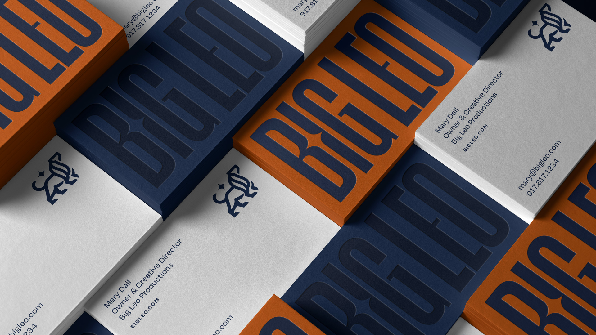 Big Leo business card grid with condensed wordmark and lion logo.