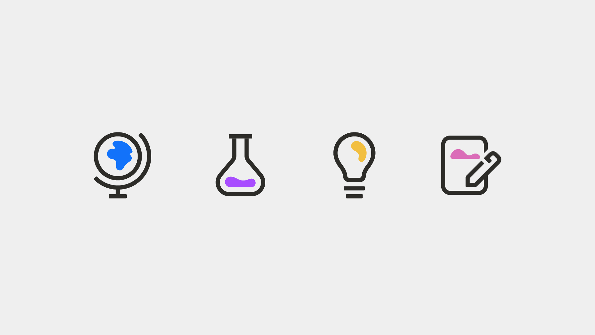 Colorful Newsela icon designs for social studies, science, learning, and writing.