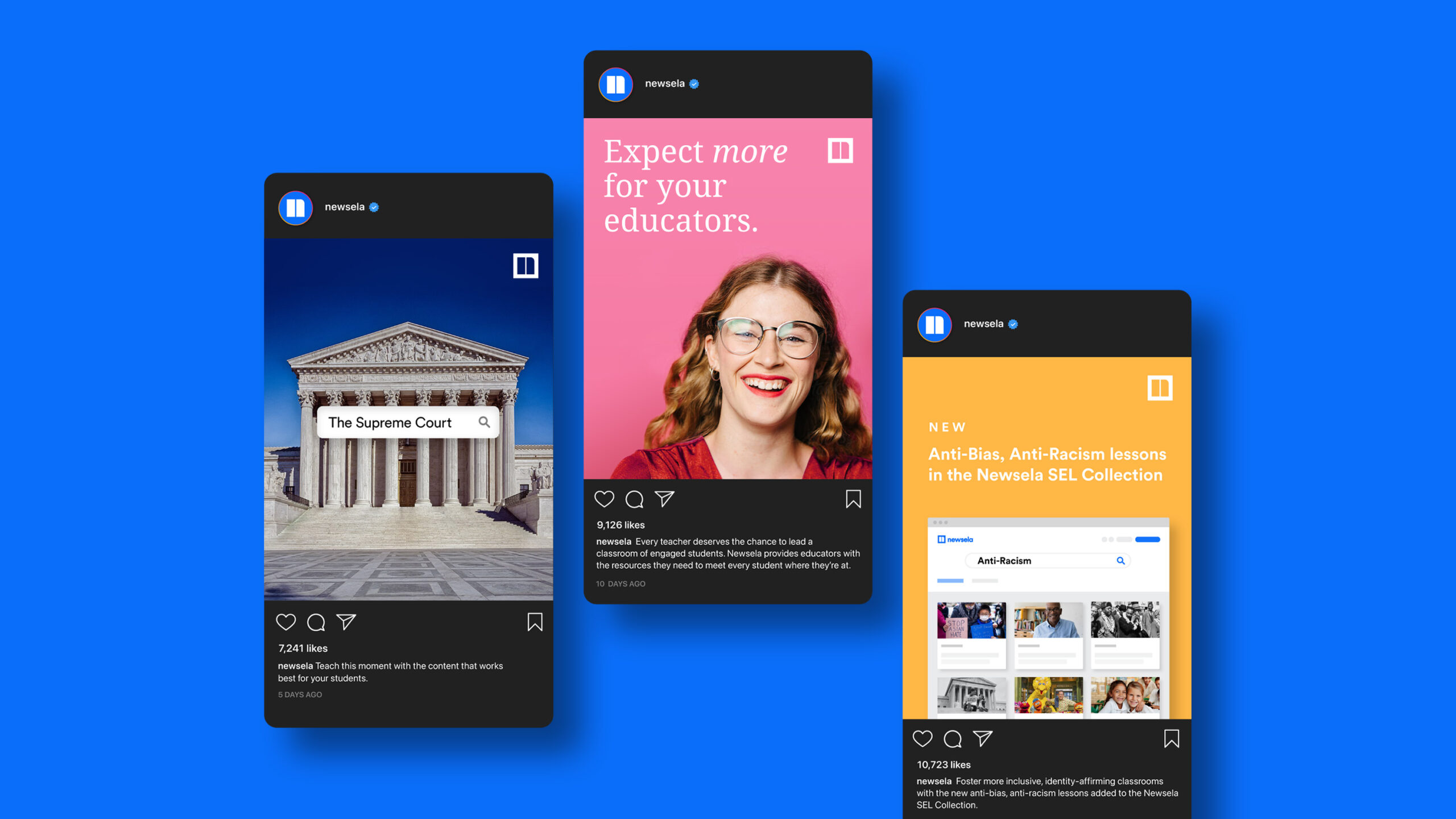Newsela social posts with brand photography and UI elements.